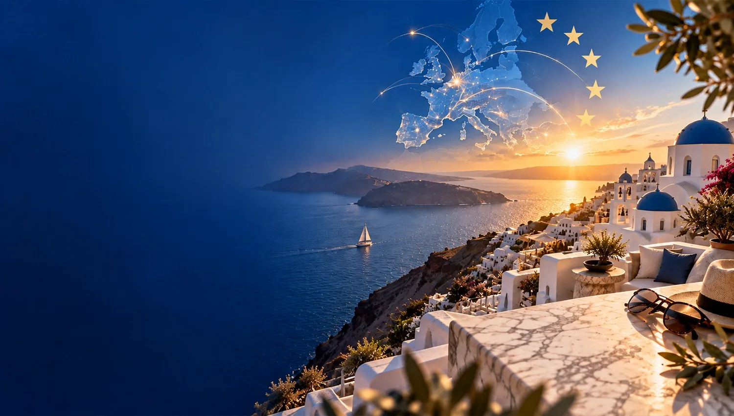 Santorini’de gün batımında beyaz evler ve mavi kubbeler; gökyüzünde yıldızlarla çevrili Avrupa haritası
