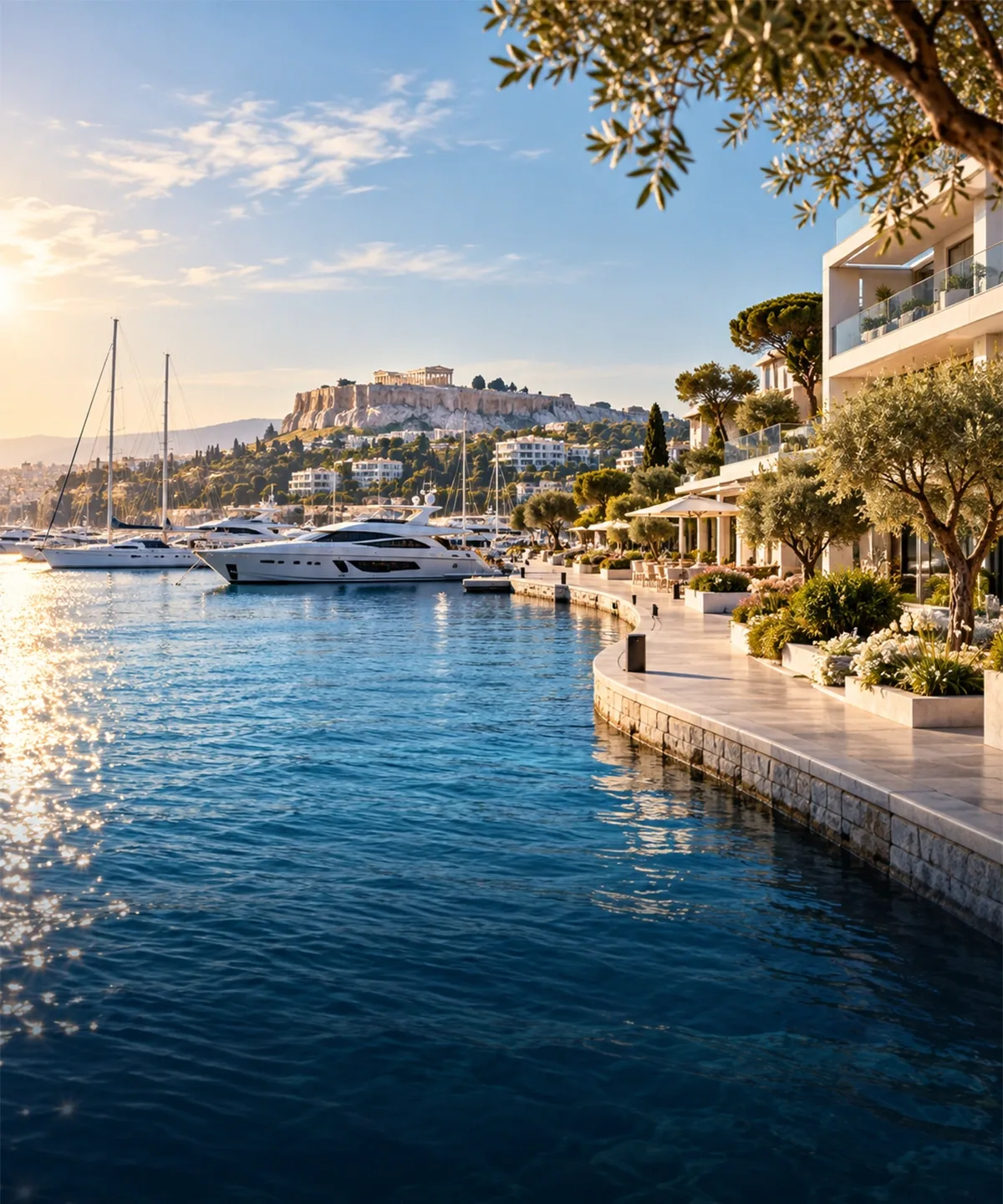 Atina Rivierası'nda gün batımında marina ve kıyı şeridi