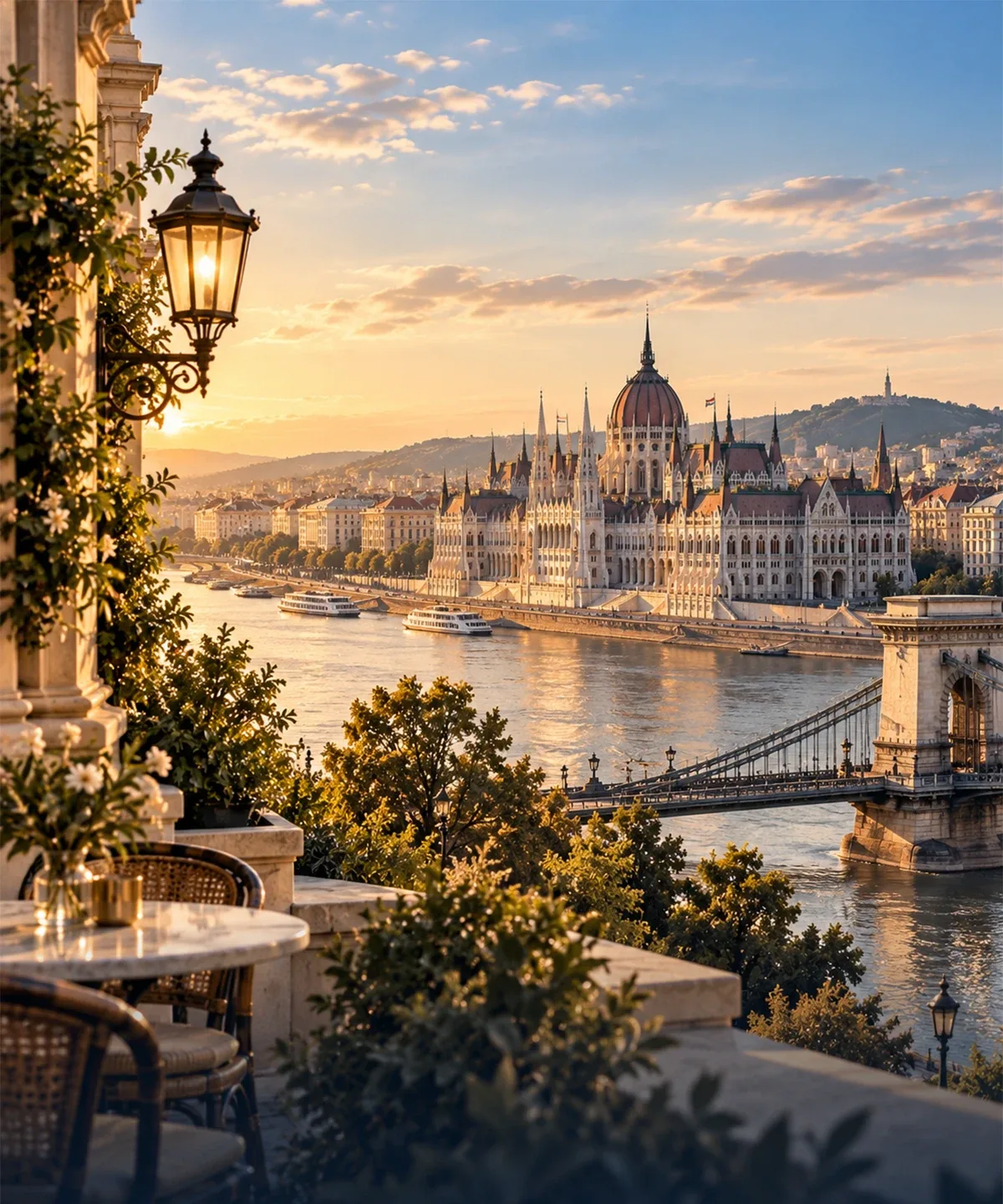 Budapeşte'de Tuna nehri, Zincirli Köprü ve Macar Parlamento binası