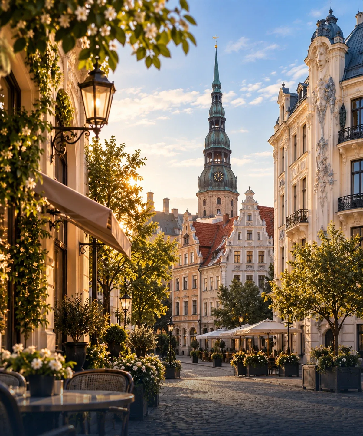 Riga'nın tarihi merkezinde Art Nouveau cepheler ve Aziz Petrus Kilisesi'nin kulesi