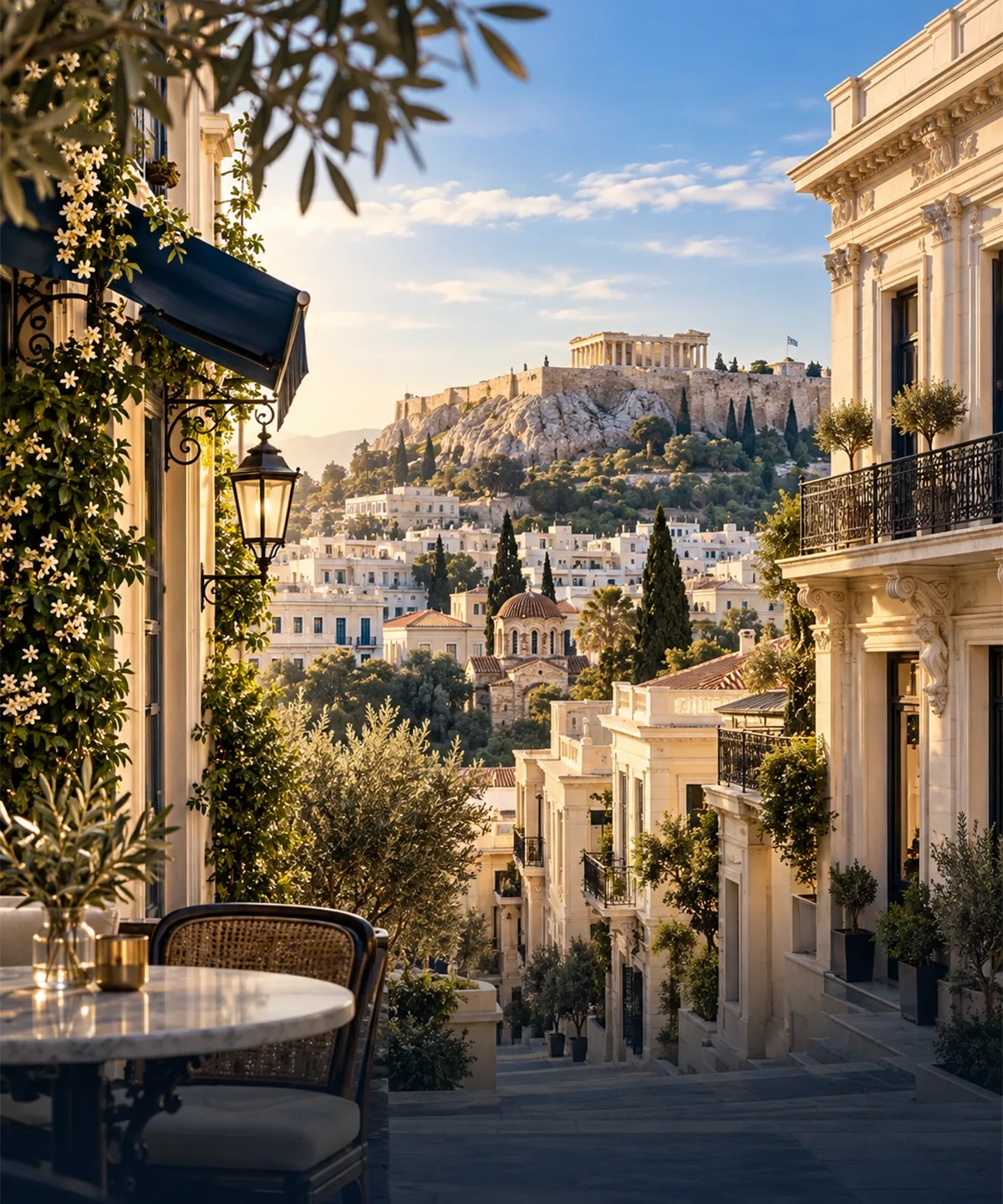 Atina'da neoklasik cepheli bir sokak ve arka planda Akropolis