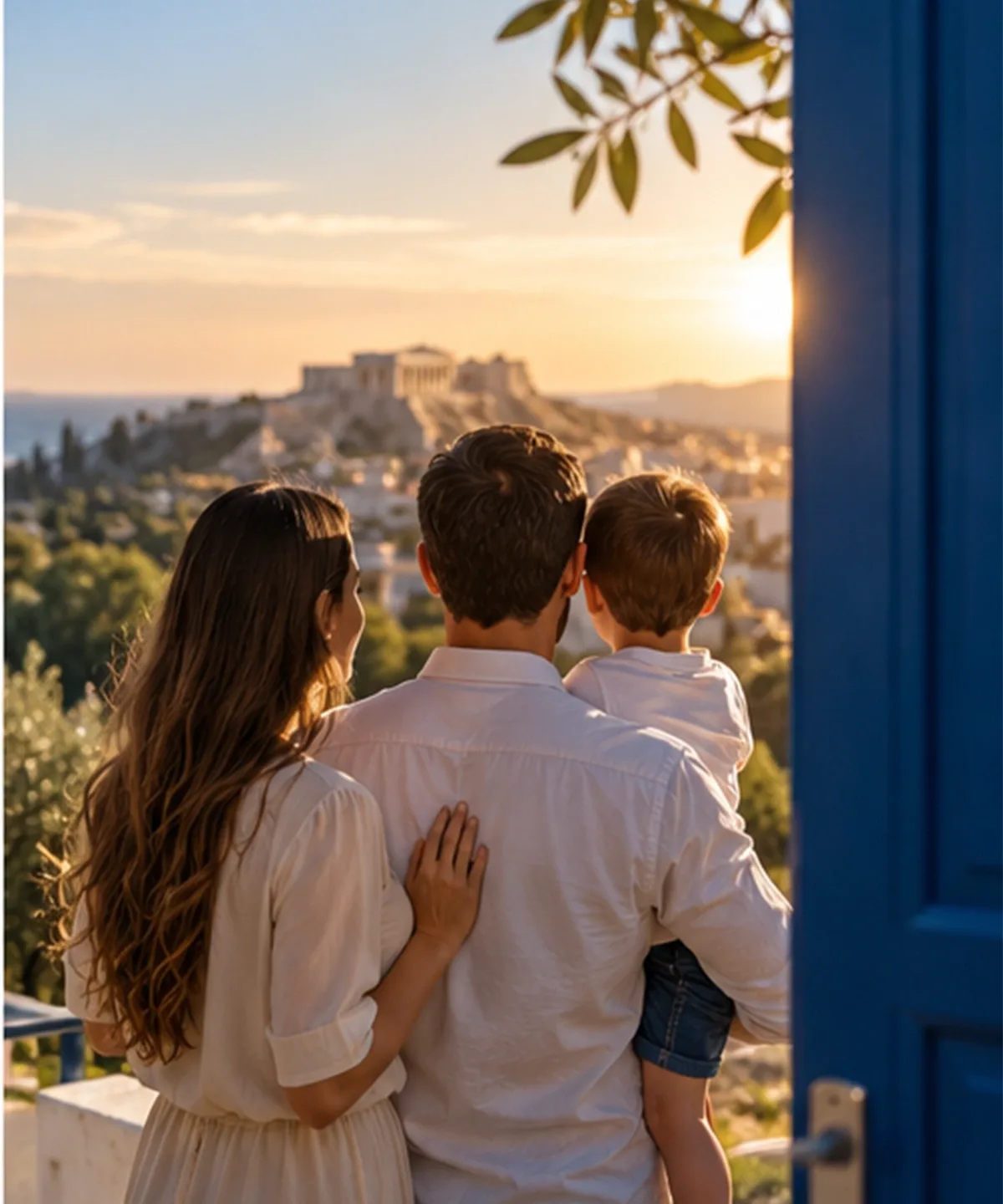 Anne, baba ve çocuk gün batımında kıyı kasabasına bakıyor